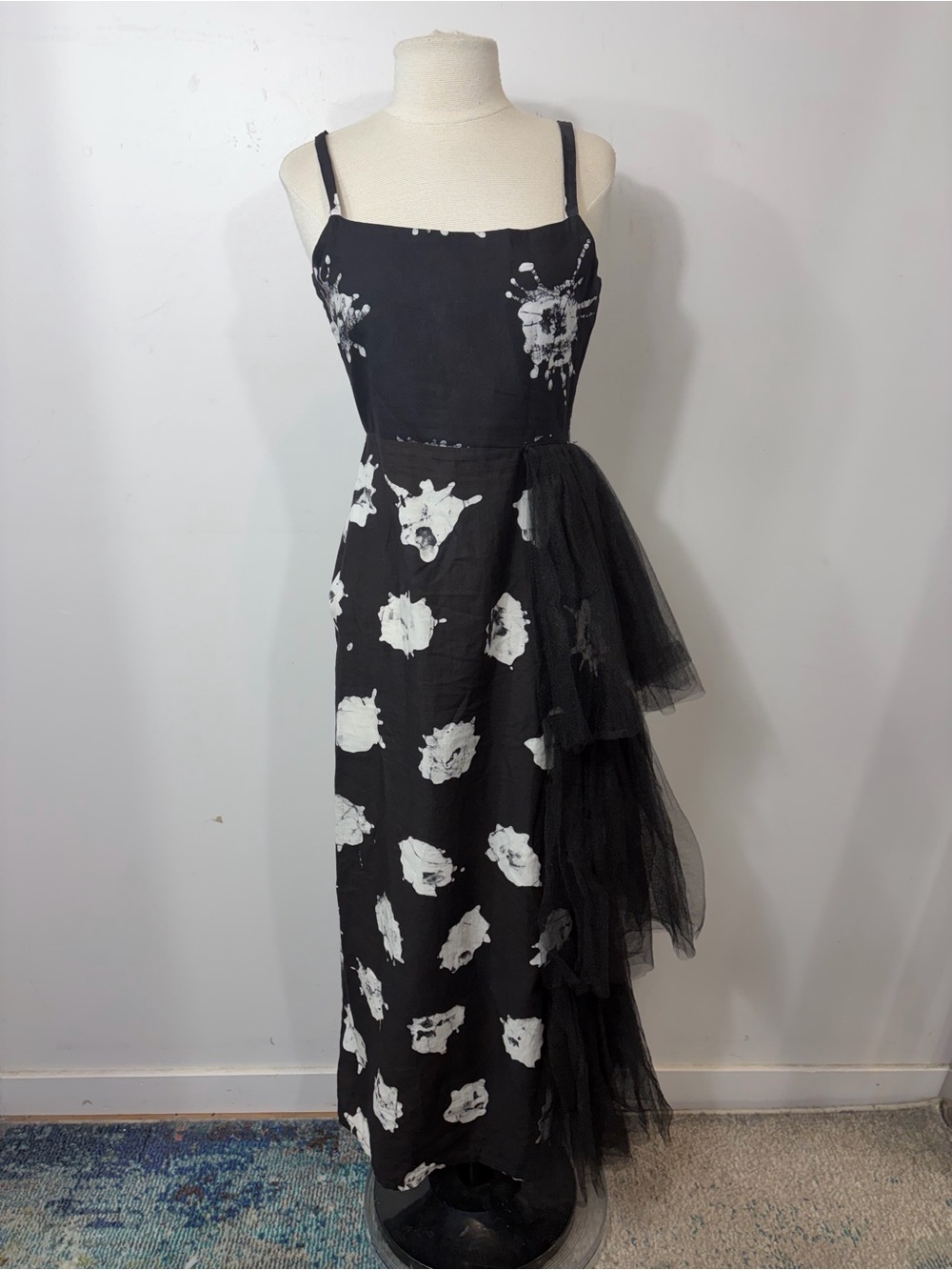 BUSAYO Black & White Abstract Print Midi Dress Tulle Ruffle Side Size S - Picture 2 of 11